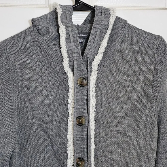 Eddie Bauer Women's Long Hooded Sweater Large Gray Geometric Aztec Cardigan - Picture 3 of 10